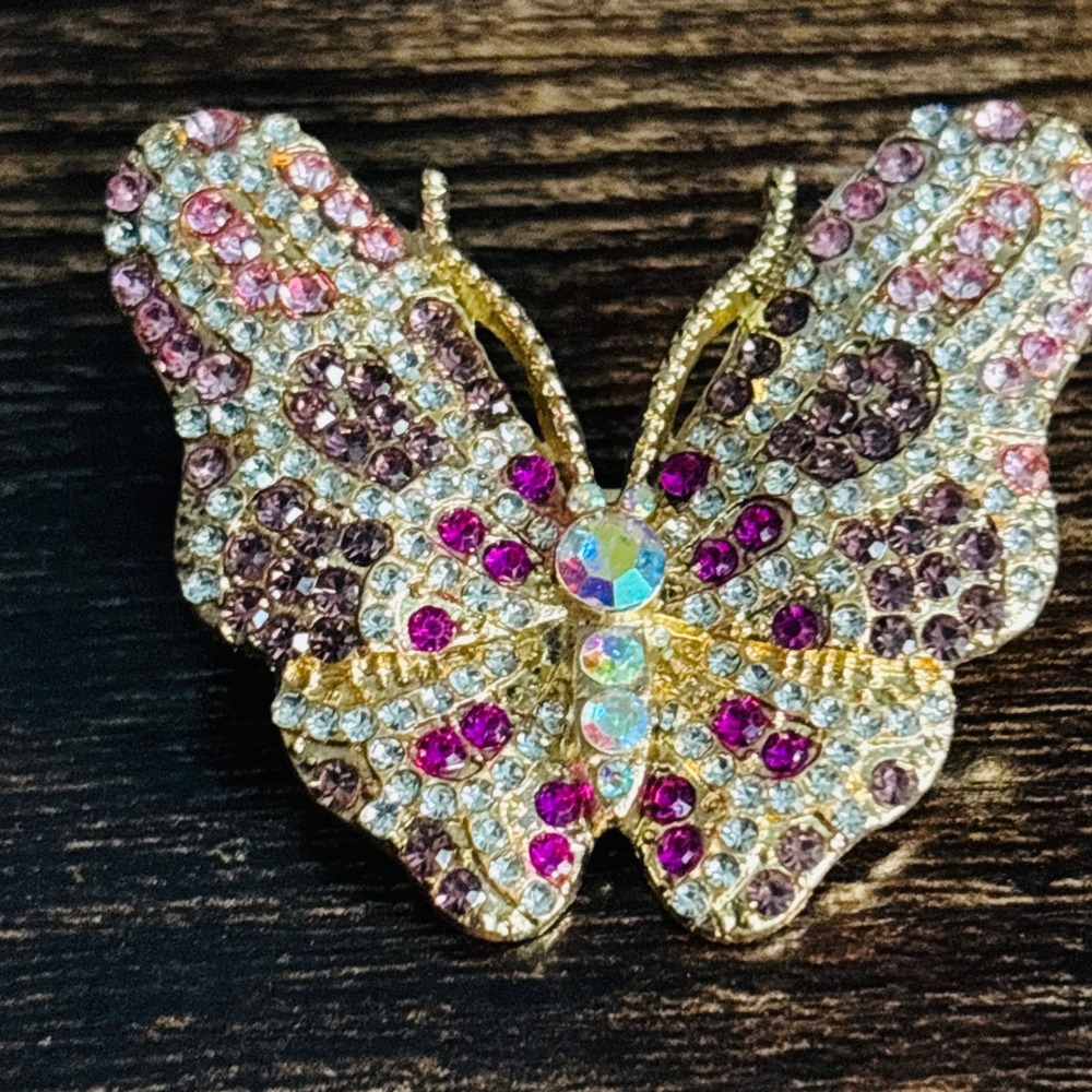 Vintage Style Gold Tone Pink Purple Crystal Brooch Chunky Statement Pin
